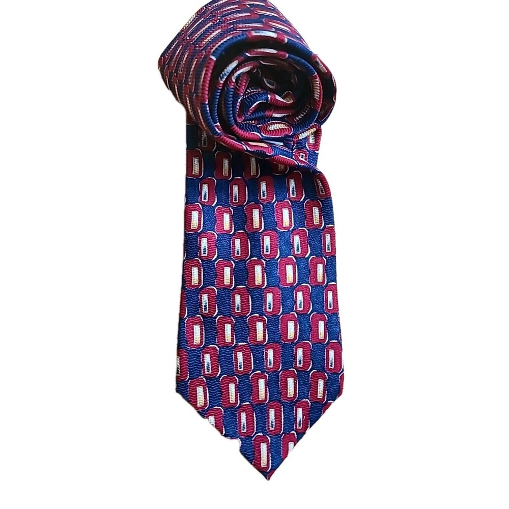 Vintage Perry Ellis Portfolio Mens Necktie Blue Geometric 100 silk Made in USA